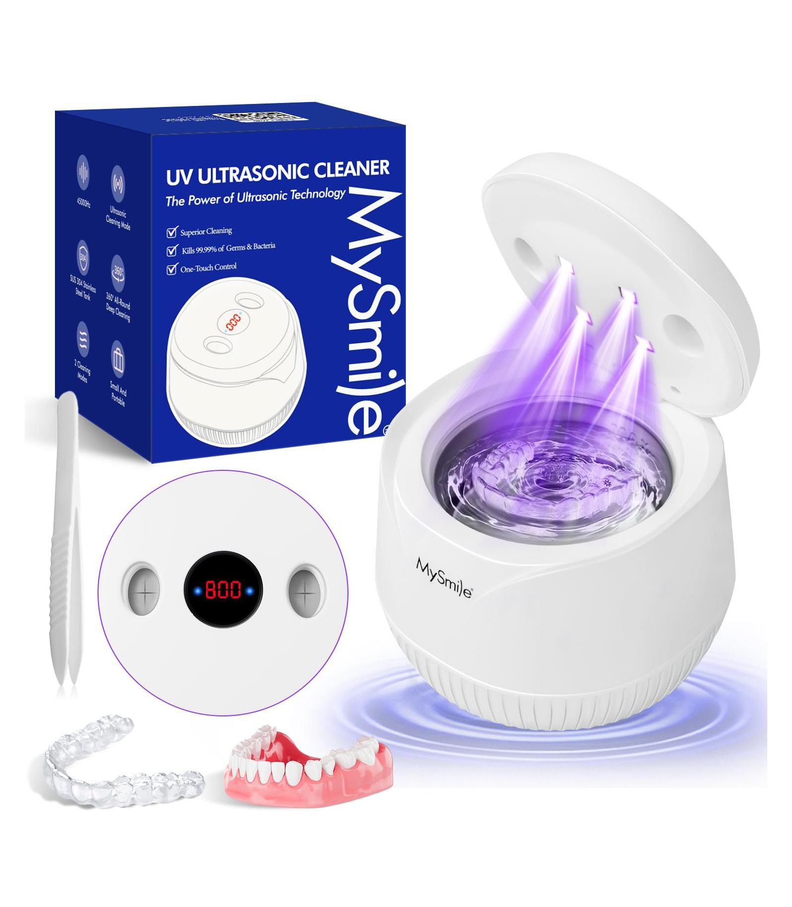 MySmile Ultrasonic Retainer Cleaner Machine, 200 mL, 45kHz with Digital Timer for Denture, Aligner, Braces, Mouthguard, & Jewelry