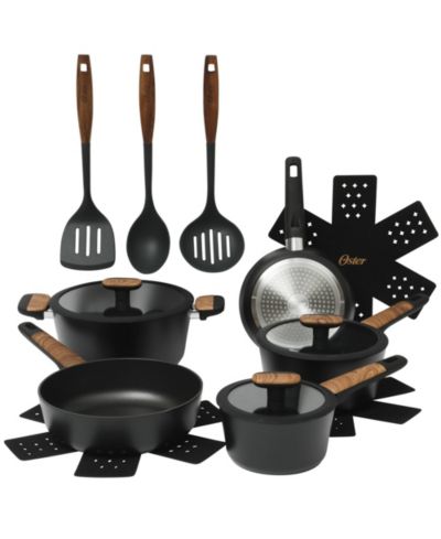 Oster Platinum Oxburg 14 Piece Forged Aluminum PFA Free Non-toxic Premium Ceramic Non Stick Interior Cookware & Kitchen Tools Set - Black W. Wood Handles