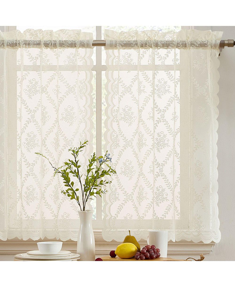 HLC.ME Isabella Floral Rod Pocket Lace Semi Sheer Voile Short Cafe Tiers for Small Windows - 28 x 36 Inch Length (Ivory Tiers, Set of 2)