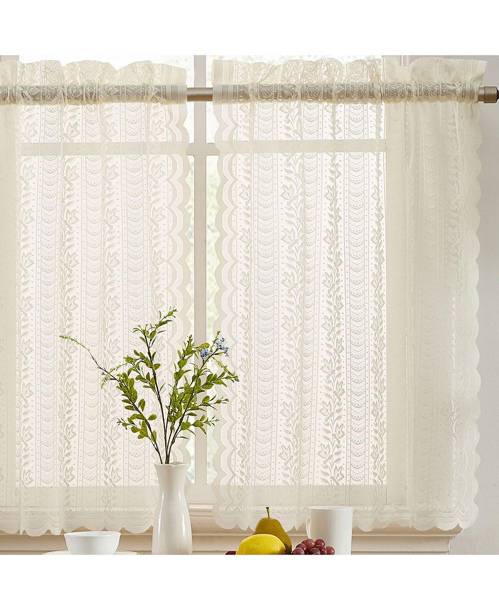 HLC.ME Sophia Floral Rod Pocket Lace Semi Sheer Voile Short Cafe Tiers for Small Windows - 28 x 24 Inch Length (Ivory Tiers, Set of 2)
