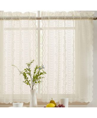 HLC.ME Sophia Floral Rod Pocket Lace Semi Sheer Voile Short Cafe Tiers for Small Windows - 28 x 24 Inch Length (Ivory Tiers, Set of 2)