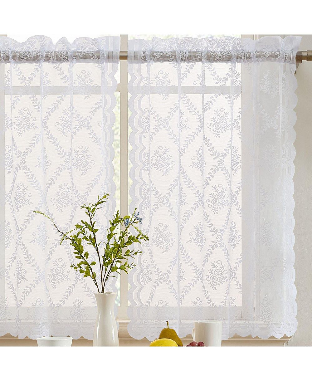 HLC.ME Isabella Floral Rod Pocket Lace Semi Sheer Voile Short Cafe Tiers for Small Windows - 28 x 36 Inch Length (White Tiers, Set of 2)