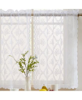 HLC.ME Isabella Floral Rod Pocket Lace Semi Sheer Voile Short Cafe Tiers for Small Windows - 28 x 36 Inch Length (White Tiers, Set of 2)