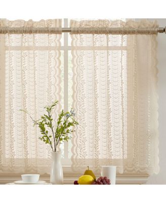 HLC.ME Sophia Floral Rod Pocket Lace Semi Sheer Voile Short Cafe Tiers for Small Windows - 28 x 24 Inch Length (Taupe Tiers, Set of 2)