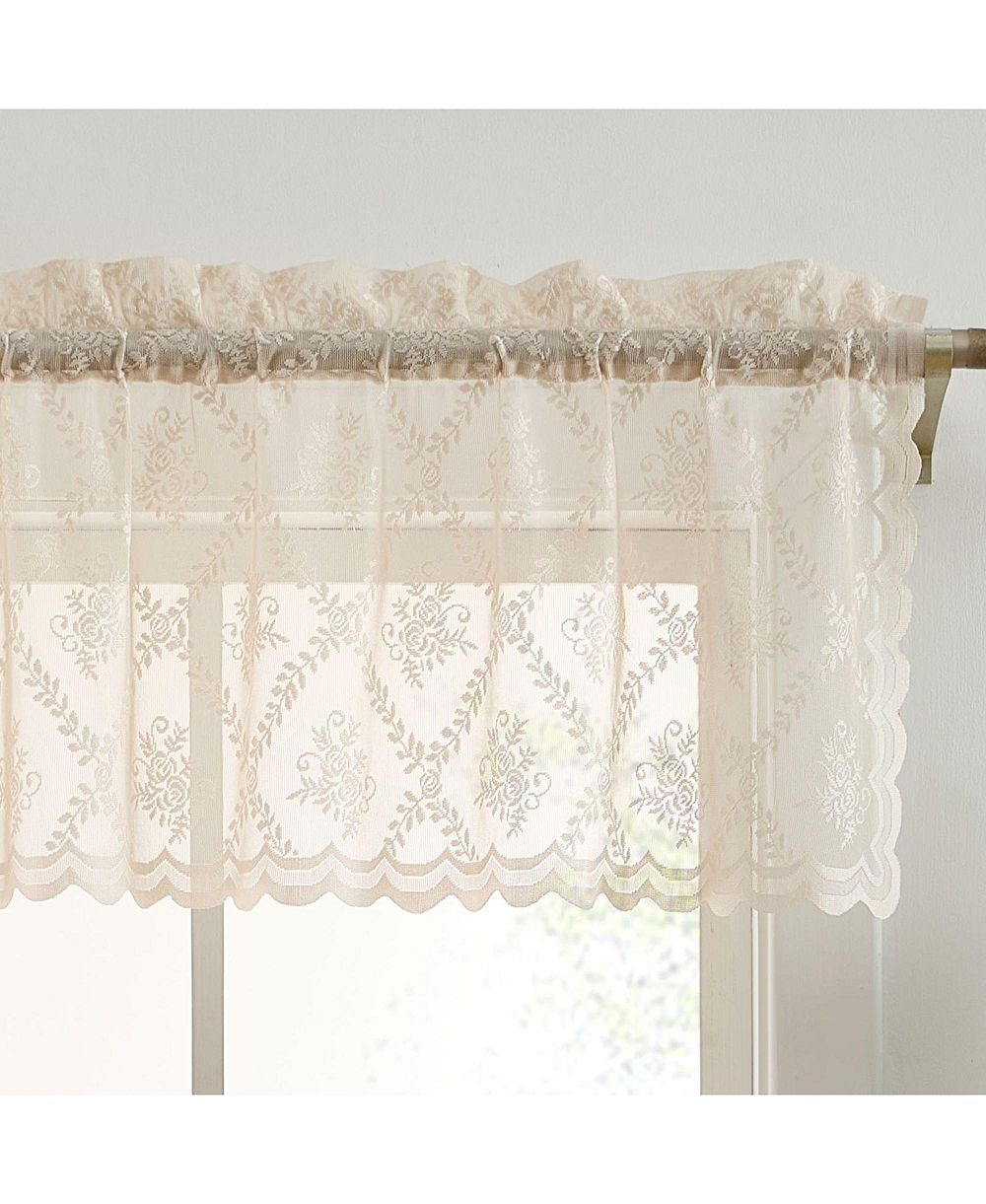 HLC.ME Isabella Floral Rod Pocket Lace Semi Sheer Voile Short Valance for Small Windows, Kitchen & Bathroom - 54 x 18 Inch Length (Taupe Valance)