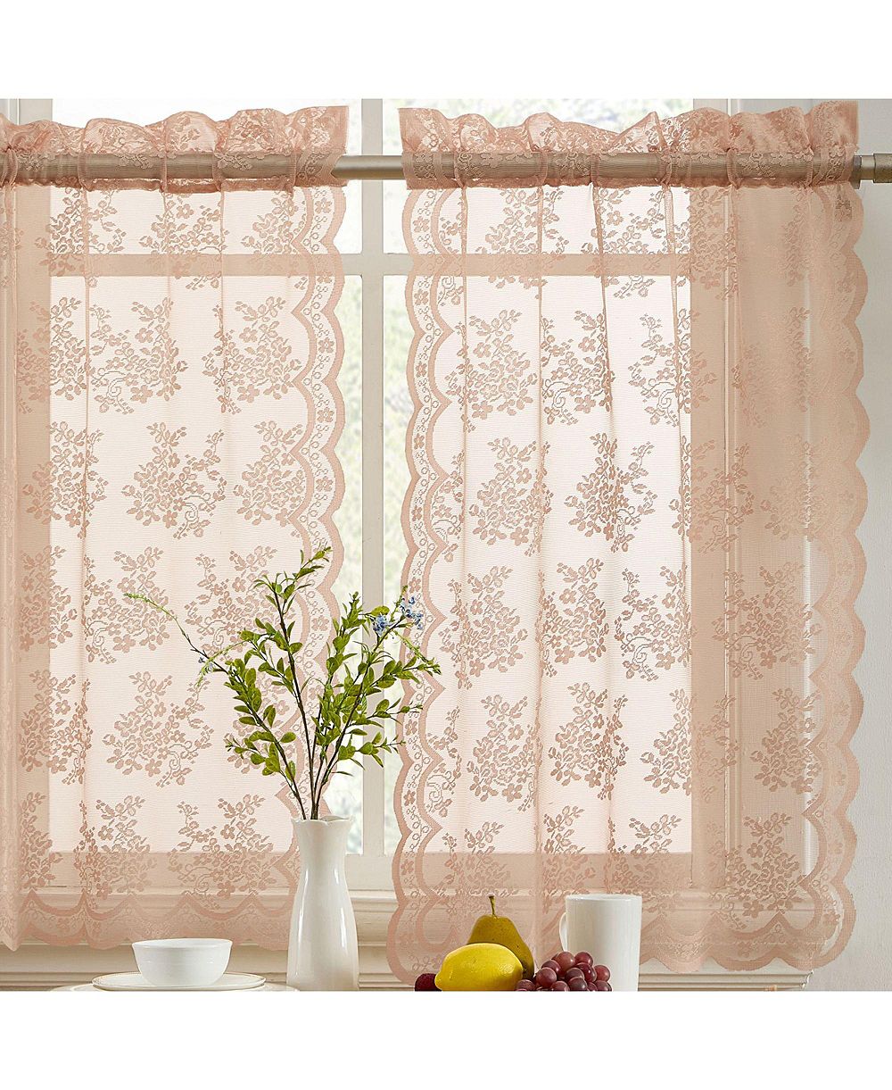 HLC.ME Jolene Floral Rod Pocket Lace Semi Sheer Voile Short Cafe Tiers for Small Windows - 28 x 36 Inch Length (Blush Pink Tiers, Set of 2)