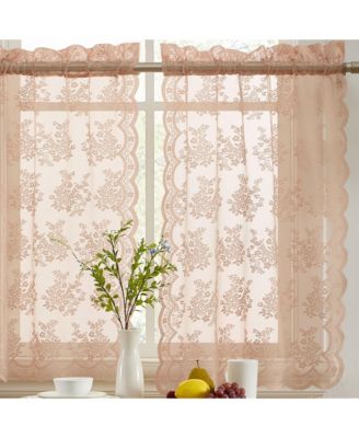 HLC.ME Jolene Floral Rod Pocket Lace Semi Sheer Voile Short Cafe Tiers for Small Windows - 28 x 36 Inch Length (Blush Pink Tiers, Set of 2)
