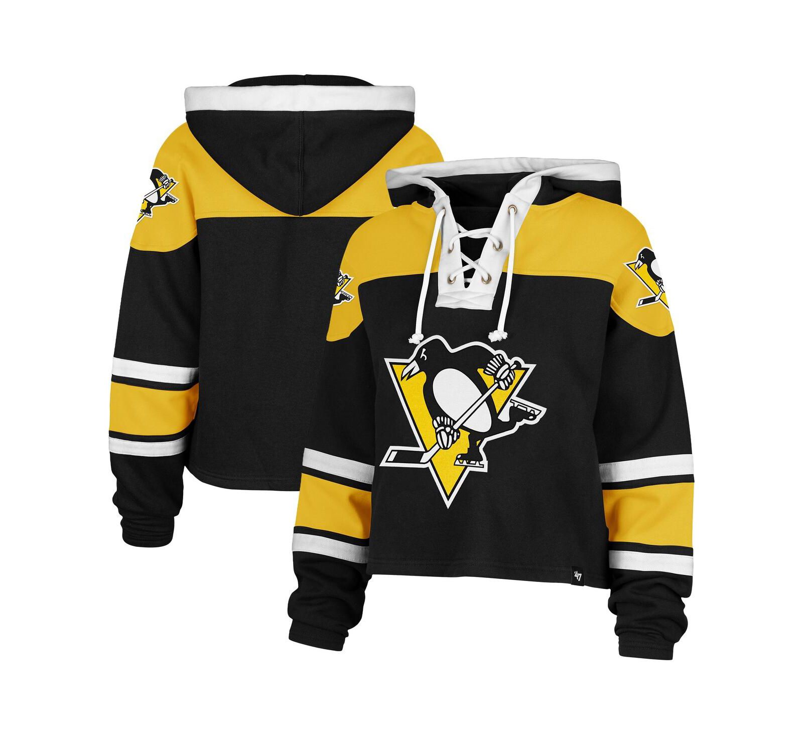 Женское укороченное худи '47 Brand Black Pittsburgh Penguins Superior Lacer Pullover