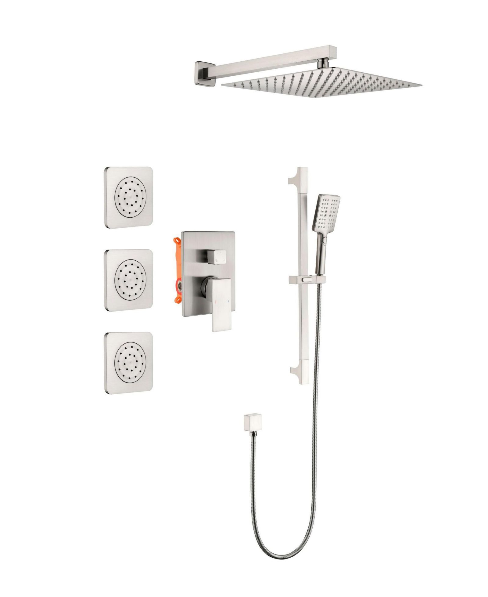 Shower System with Shower Head, Hand Shower, Slide Bar, Bodysprays, Shower Arm, Hose, Valve Trim, and Lever Handles