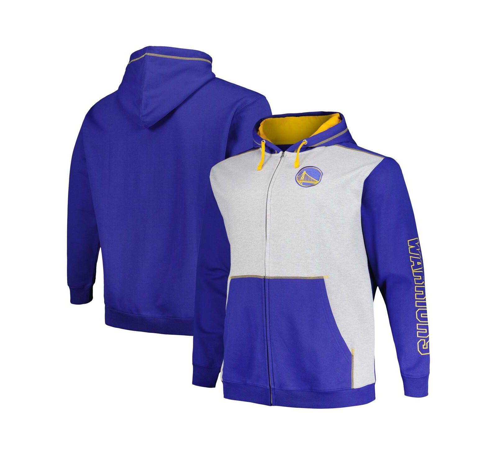 Мужское худи Fanatics Golden State Warriors Big & Tall Contrast Pieced Stitched Full-Zip Royal/Heather Gray