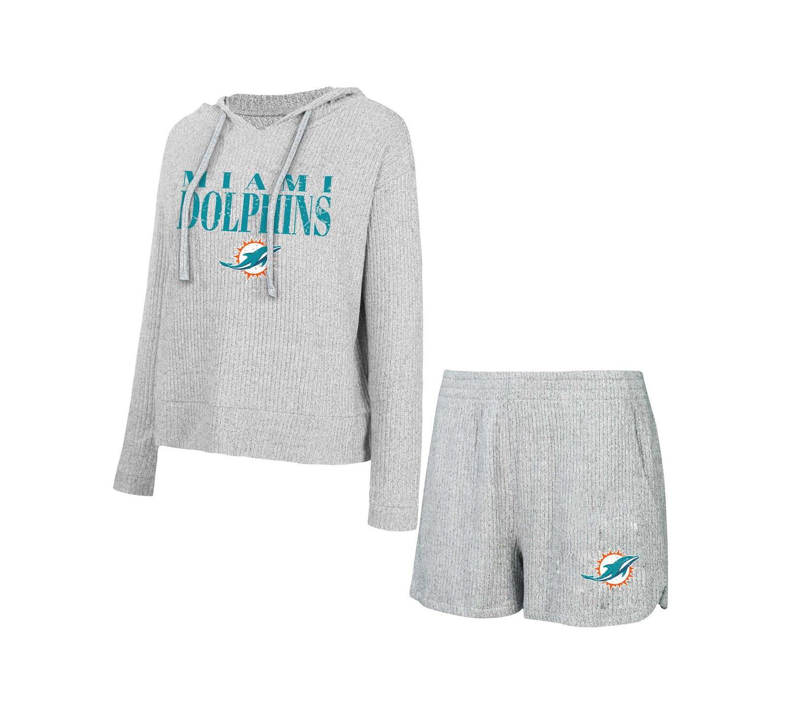 Женский комплект Concepts Sport Miami Dolphins Juniper Long Sleeve Hoodie T-Shirt Shorts Gray
