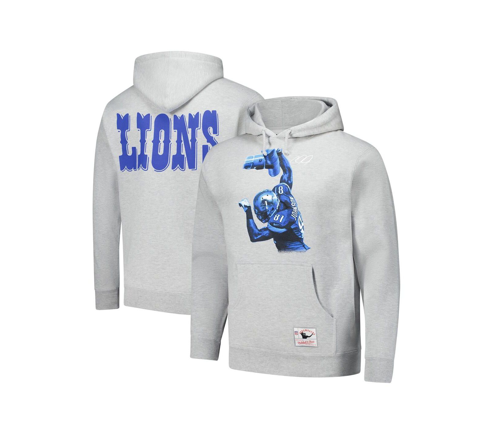 Mitchell & Ness Мужское худи с графикой Calvin Johnson Detroit Lions Hall of Fame, цвет Heather Gray