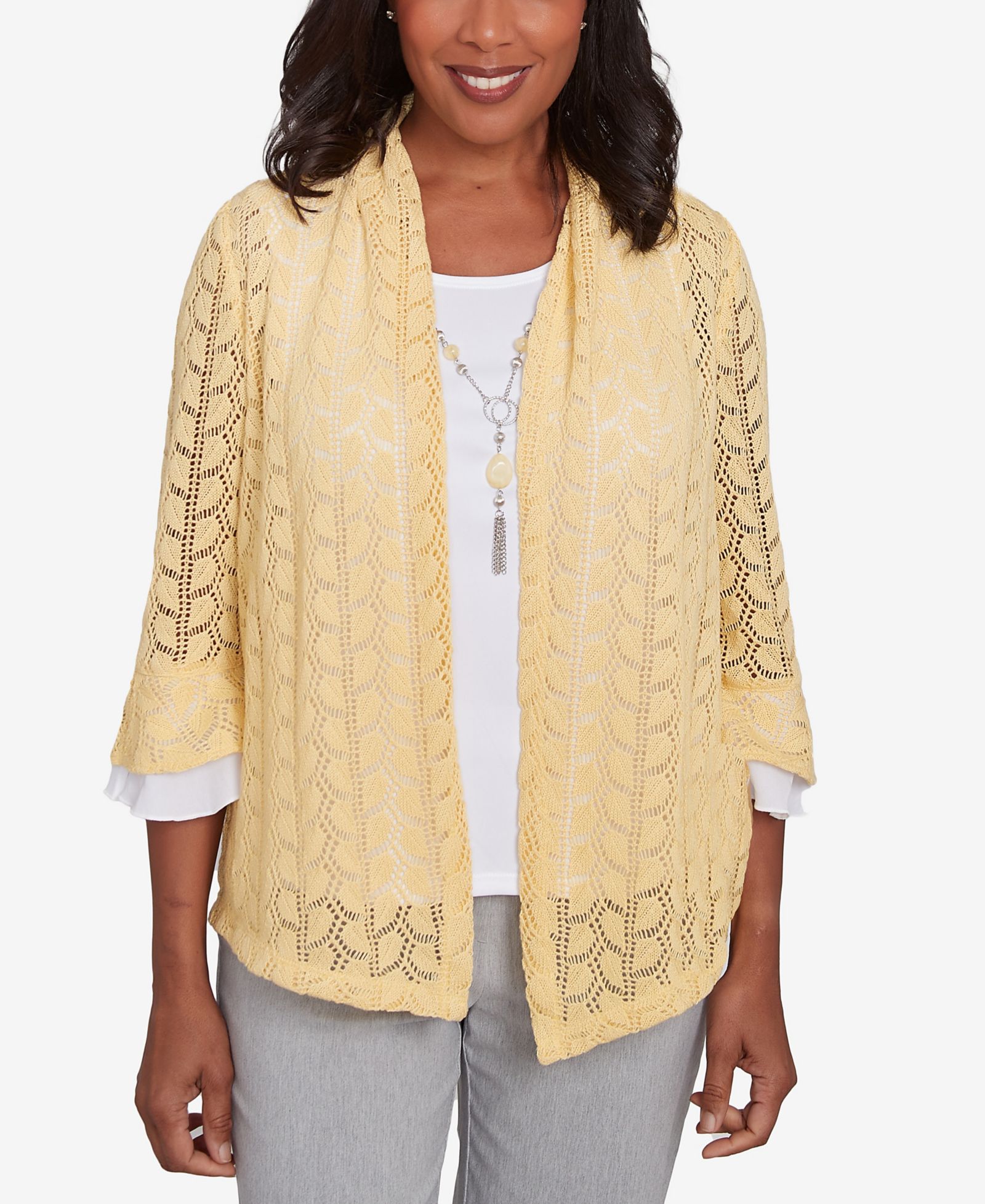 Alfred Dunner Women's Dress Code Two in One Pointelle Knit Top with Necklace