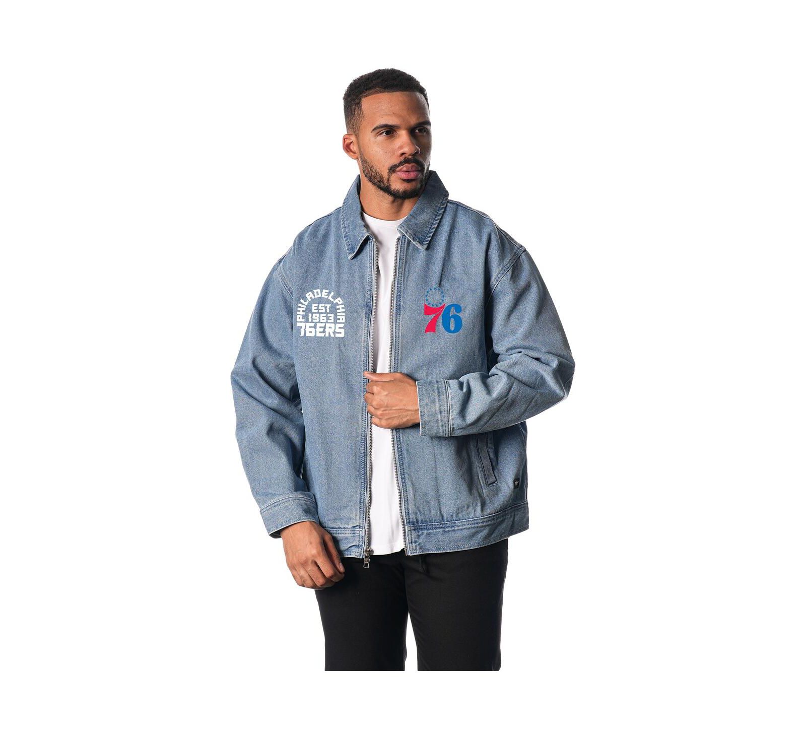The Wild Collective Мужская и женская джинсовая куртка Philadelphia 76ers Coaches Full-Zip, синяя