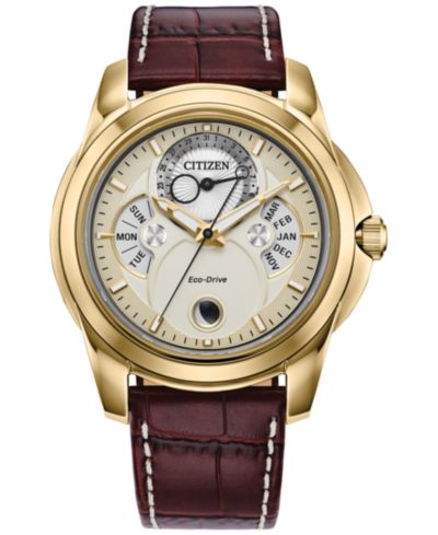 Мужские классические часы Citizen с кожаным ремешком коричневого цвета 41.8mm