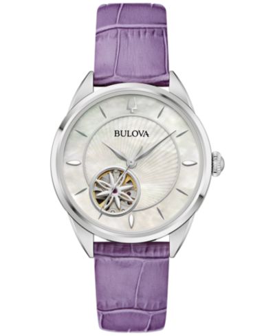 Женские часы Bulova Automatic с фиолетовым кожаным ремешком 34.5mm