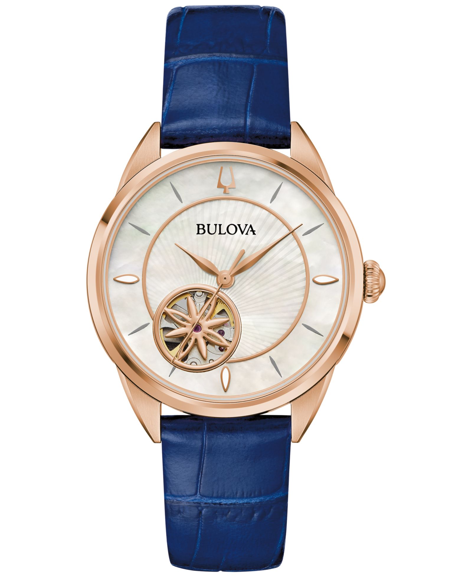 Bulova Женские наручные часы Sutton Automatic с кожаным ремешком, темно-синие, 34.5mm