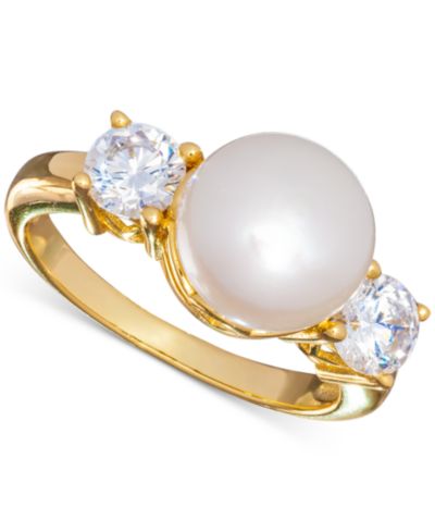 Кольцо с натуральным речным жемчугом (10mm) и Cubic Zirconia в 18k Gold-Plated Sterling Silver