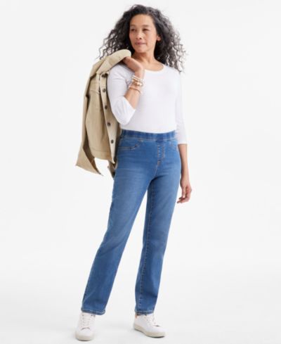 Style & Co Petite Mid-Rise Pull-On Straight-Leg Jeans, Exclusively at Macy's