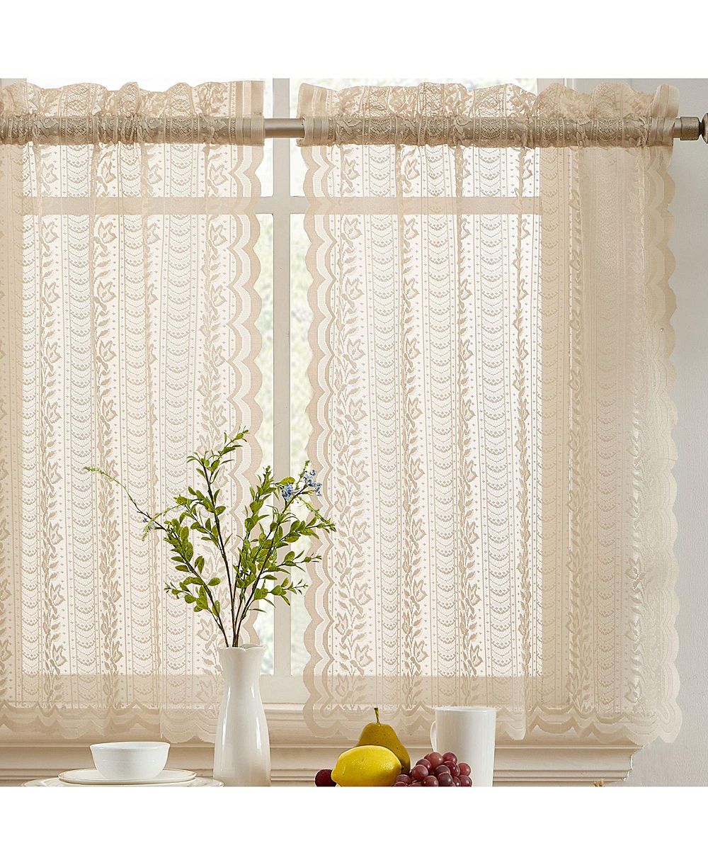 HLC.ME Sophia Floral Rod Pocket Lace Semi Sheer Voile Short Cafe Tiers for Small Windows - 28 x 36 Inch Length (Taupe Tiers, Set of 2)