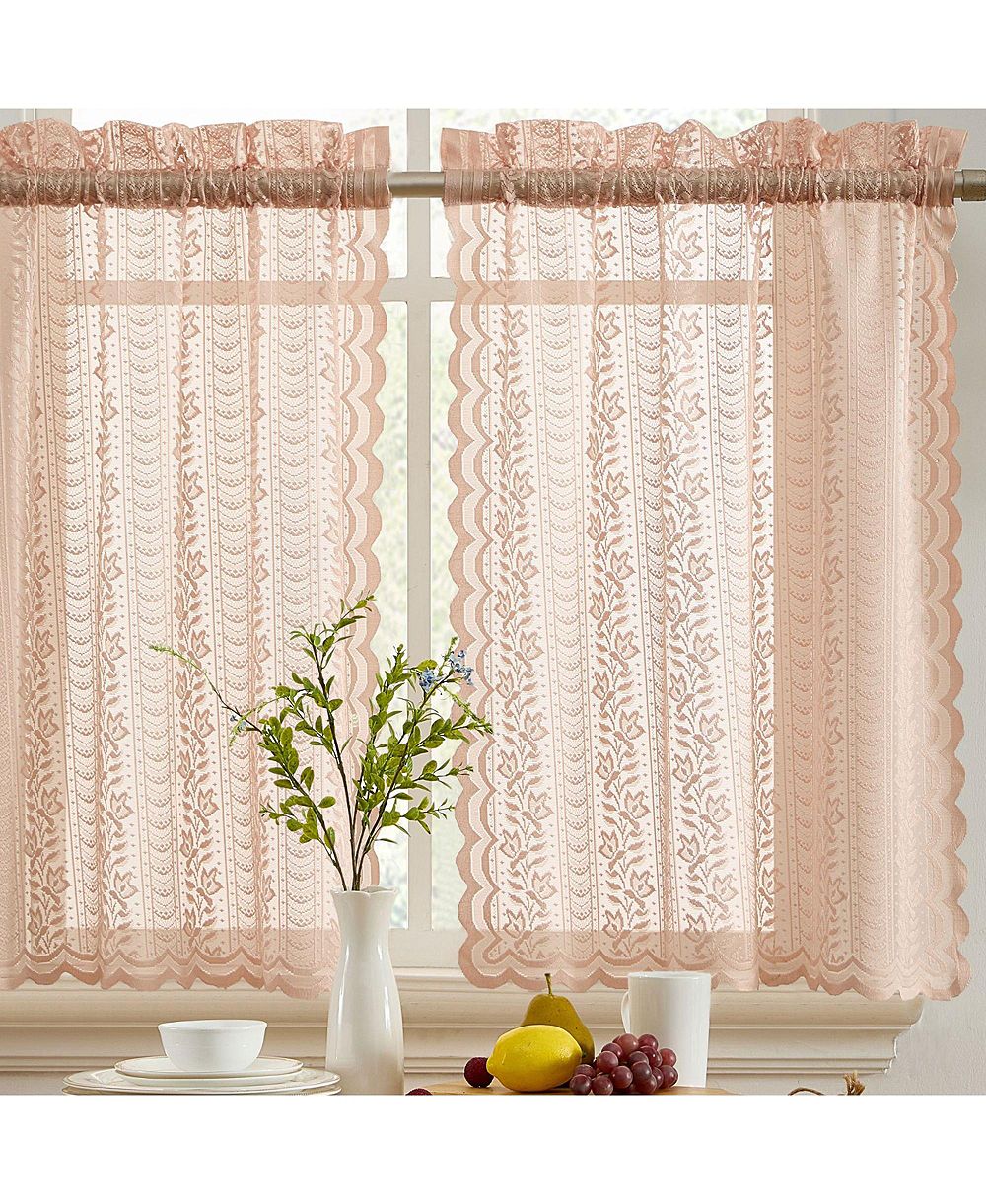 HLC.me Sophia Floral Lace Semi Sheer Voile Rod Pocket Cafe Tiers, 28x36, Blush Pink, Set of 2