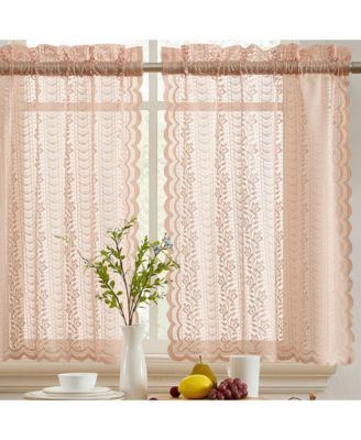 HLC.me Sophia Floral Lace Semi Sheer Voile Rod Pocket Cafe Tiers, 28x36, Blush Pink, Set of 2