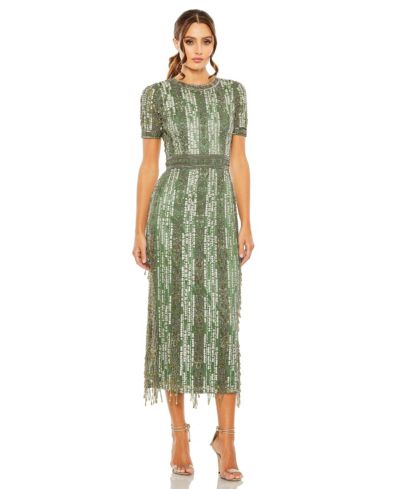 Mac Duggal Women's High Neck Short Sleeve Crystal Fringe Column Dress