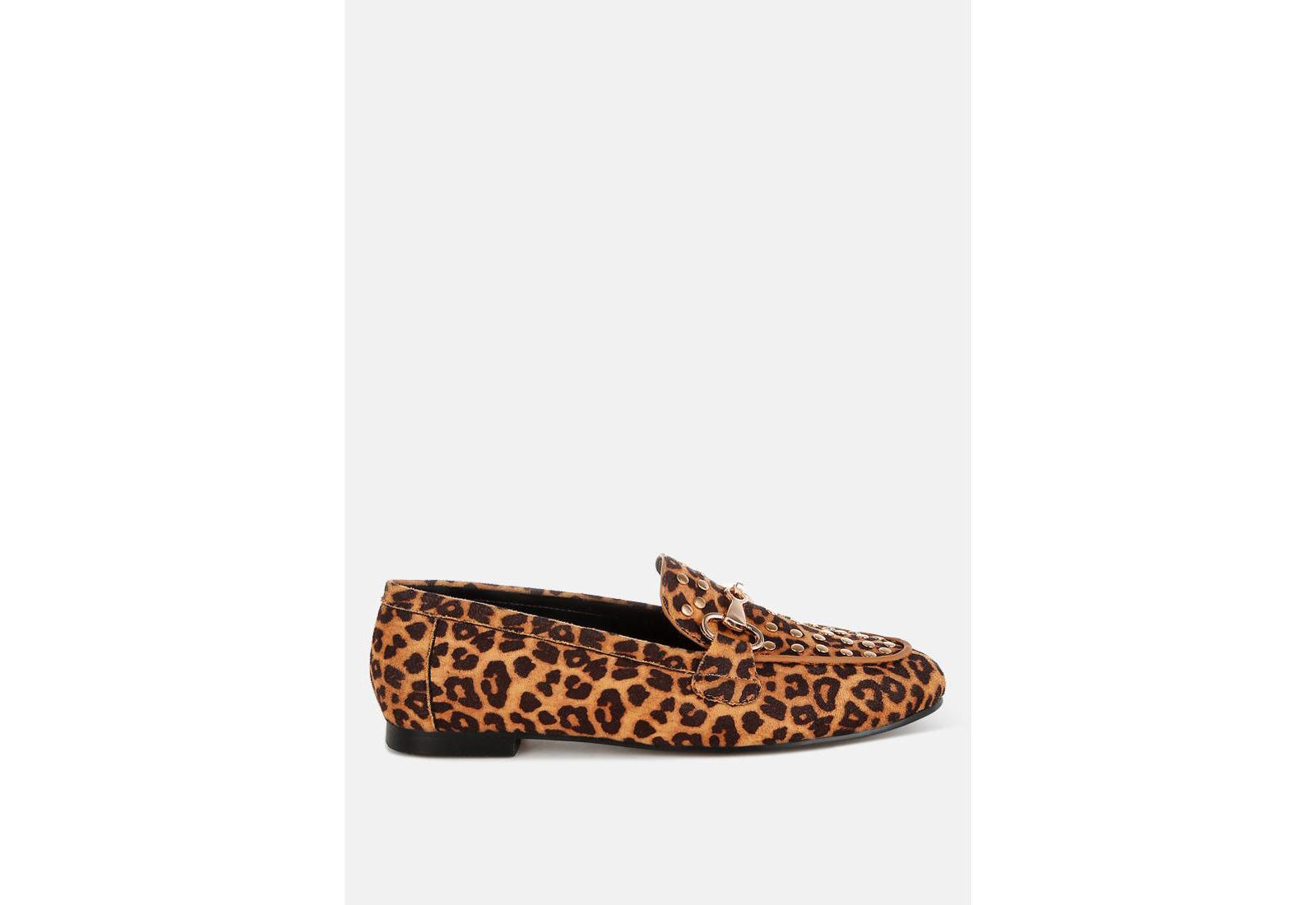 Rag & Co Women's Meopa Horsebit and Studs Metallic Leopard Print Loafers