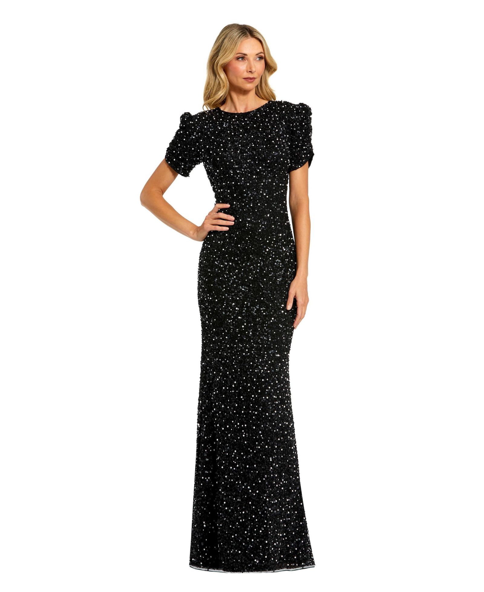 Женское вечернее платье Mac Duggal Gathered Short Sleeve Beaded