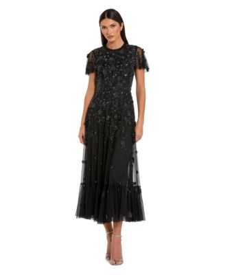 Женское платье Mac Duggal А-силуэта с высоким воротом, короткими рукавами и декором