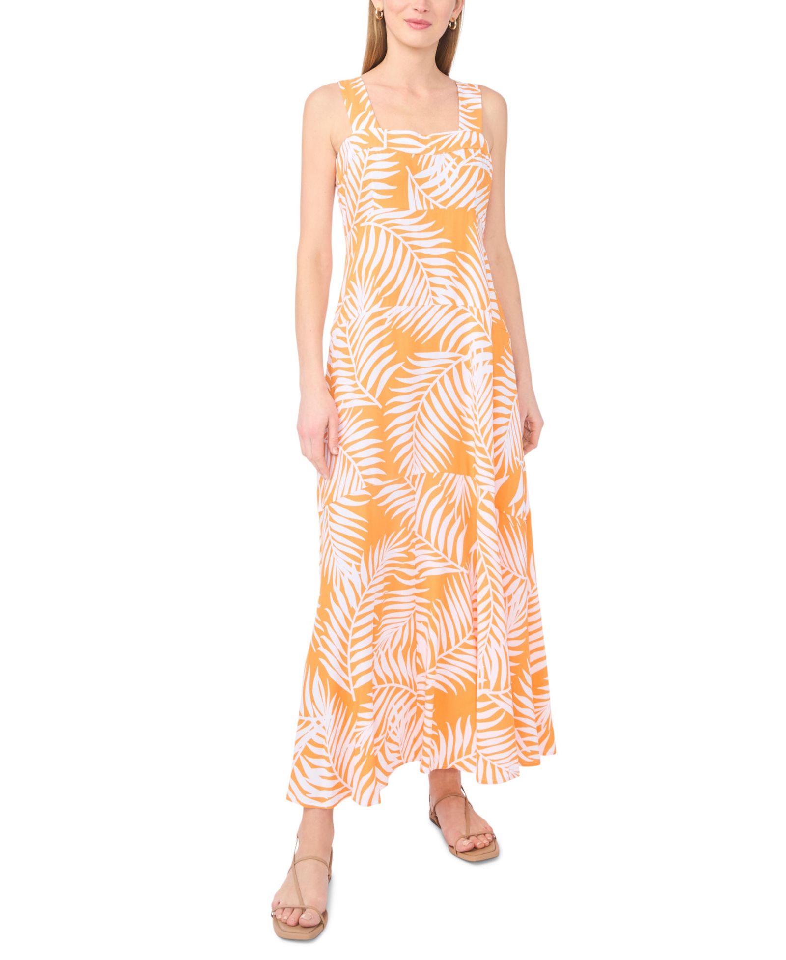 Vince Camuto Women's Tropical-Print Square-Neck Smocked-Back Sleeveless Maxi Dress