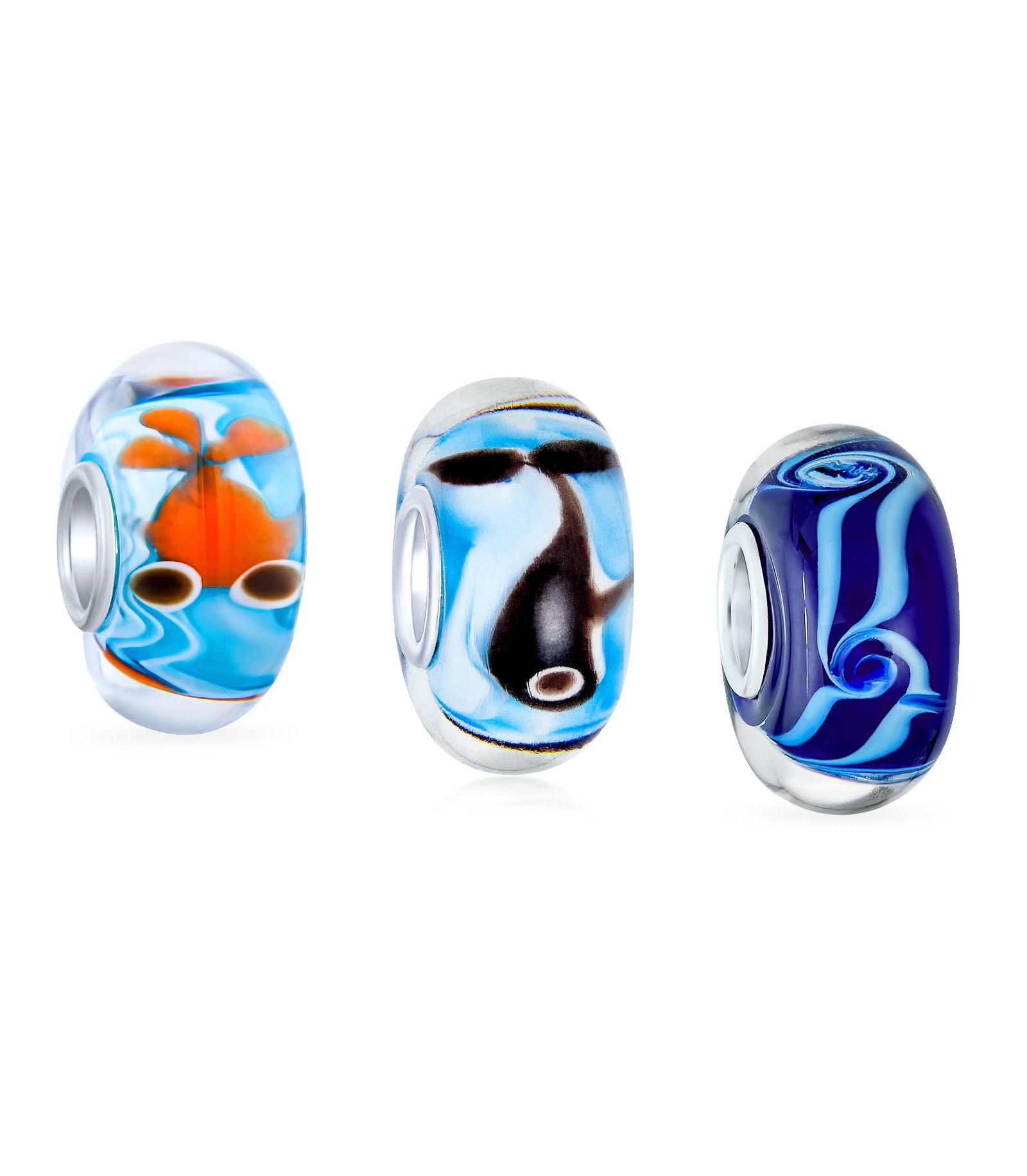 Bling Jewelry Mixed Gold Fish Whale Waves Charm Bead for Bracelet Sterling Silver 3 Set