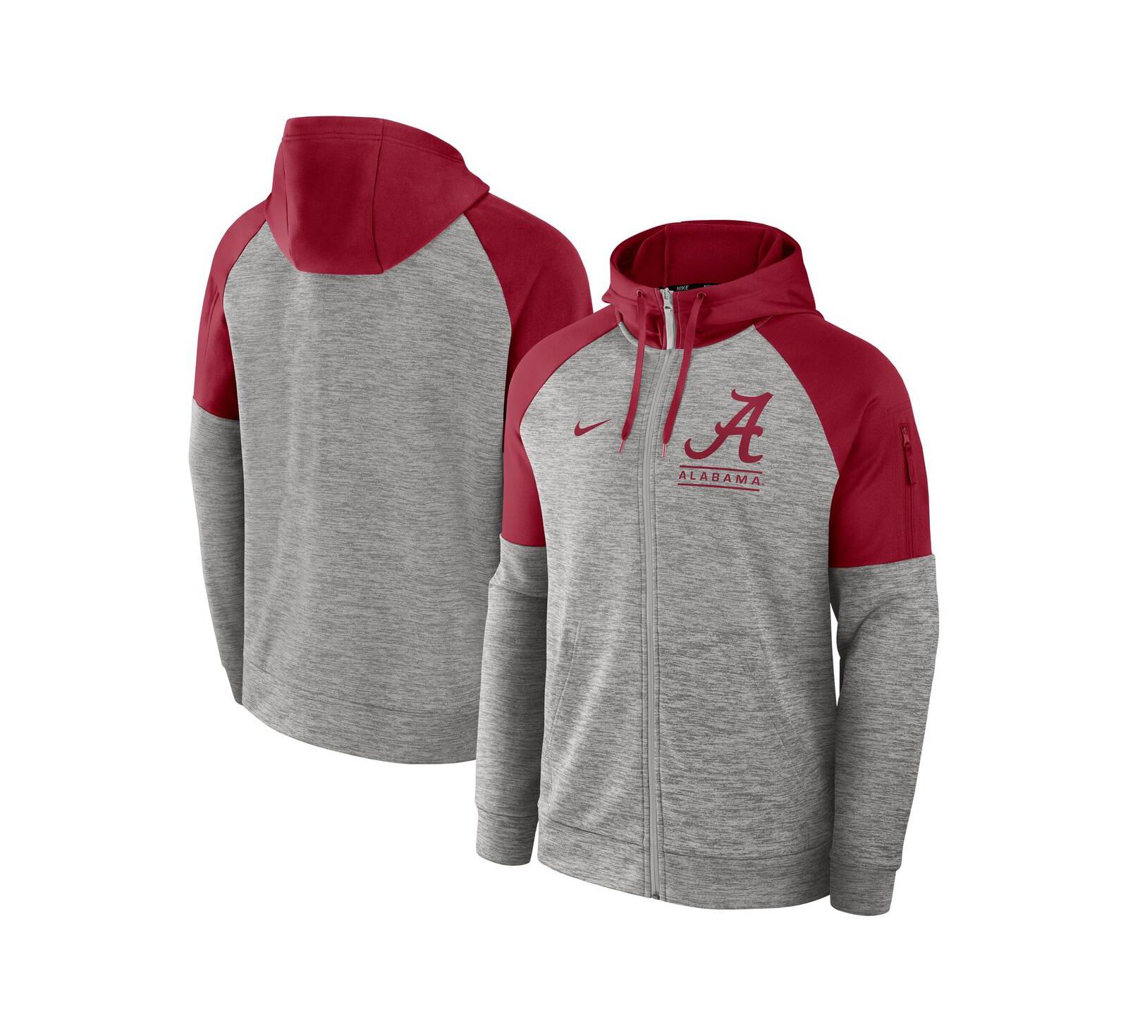 Nike Мужское худи на молнии Raglan Performance в цветах Alabama Crimson Tide, серый меланж
