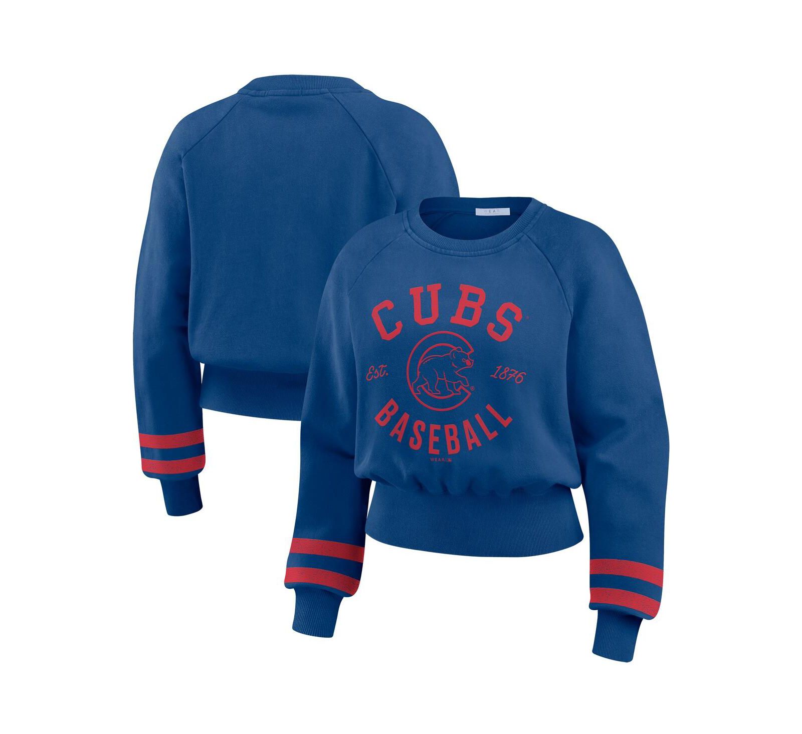 WEAR by Erin Andrews Women's Royal Chicago Cubs Vintage Washed Cropped Pullover Sweatshirt