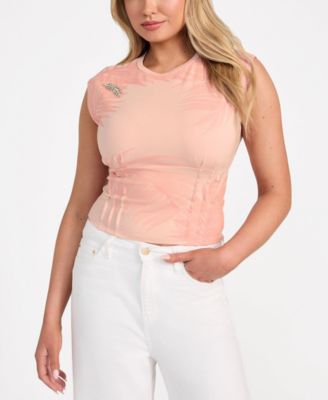 Женский топ GUESS Pleated-Waist Palm-Print Brooch-Detail