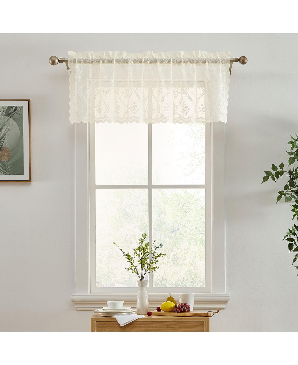 HLC.ME Isabella Floral Rod Pocket Lace Semi Sheer Voile Short Valance for Small Windows, Kitchen & Bathroom - 54 x 18 Inch Long (Ivory Valance)
