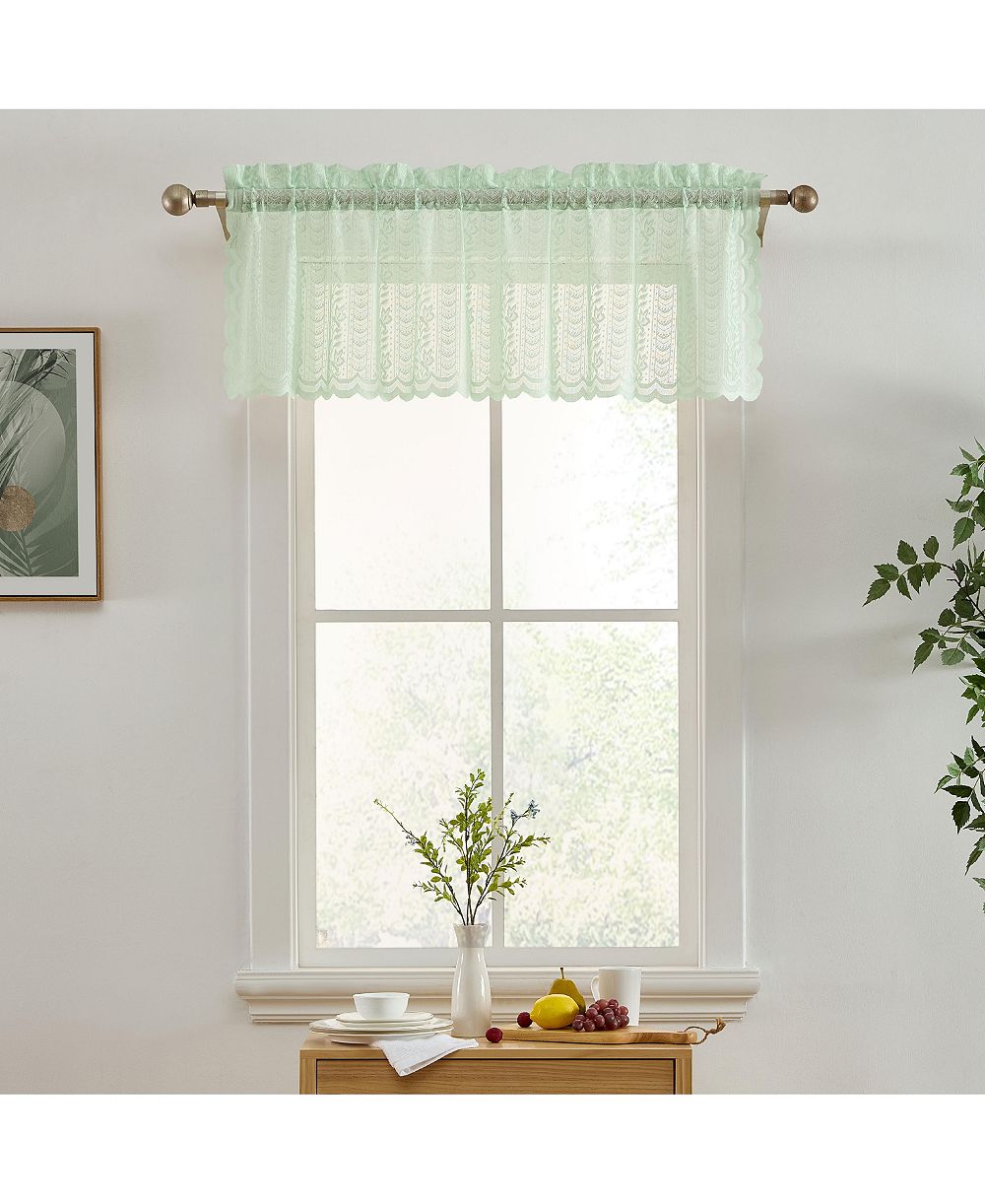 HLC.ME Sophia Floral Rod Pocket Lace Semi Sheer Voile Short Valance for Small Windows, Kitchen & Bathroom - 54 x 18 Inch Long (Seafoam Green Valance)