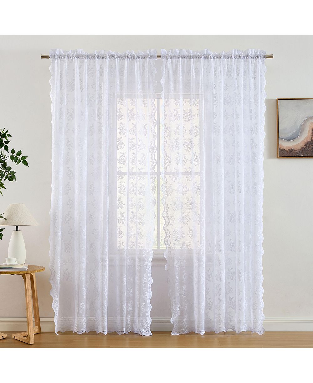 HLC.me Jolene Floral Soft Decorative Lace Semi Sheer Light Filtering Rod Pocket Window Treatment Curtain Panels - Set of 2