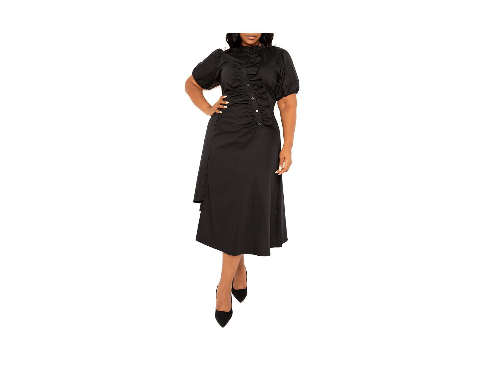 Buxom Couture Women's Plus Size Asymmetrical Ruffle Shirt Dress