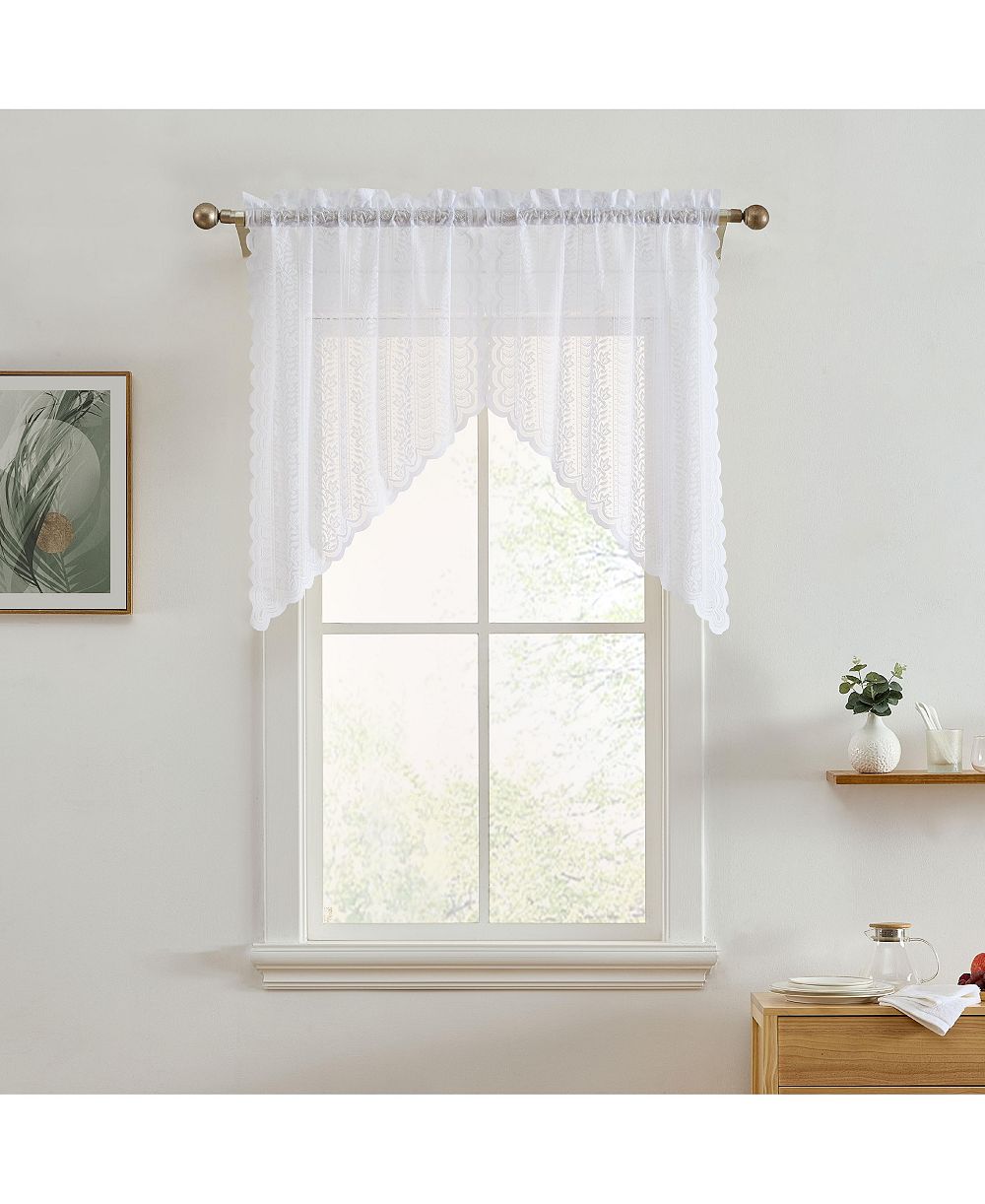 HLC.ME Sophia Floral Rod Pocket Lace Short Cafe Swags for Small Windows - 28 x 36 Inch Length (White Swags, Set of 2)