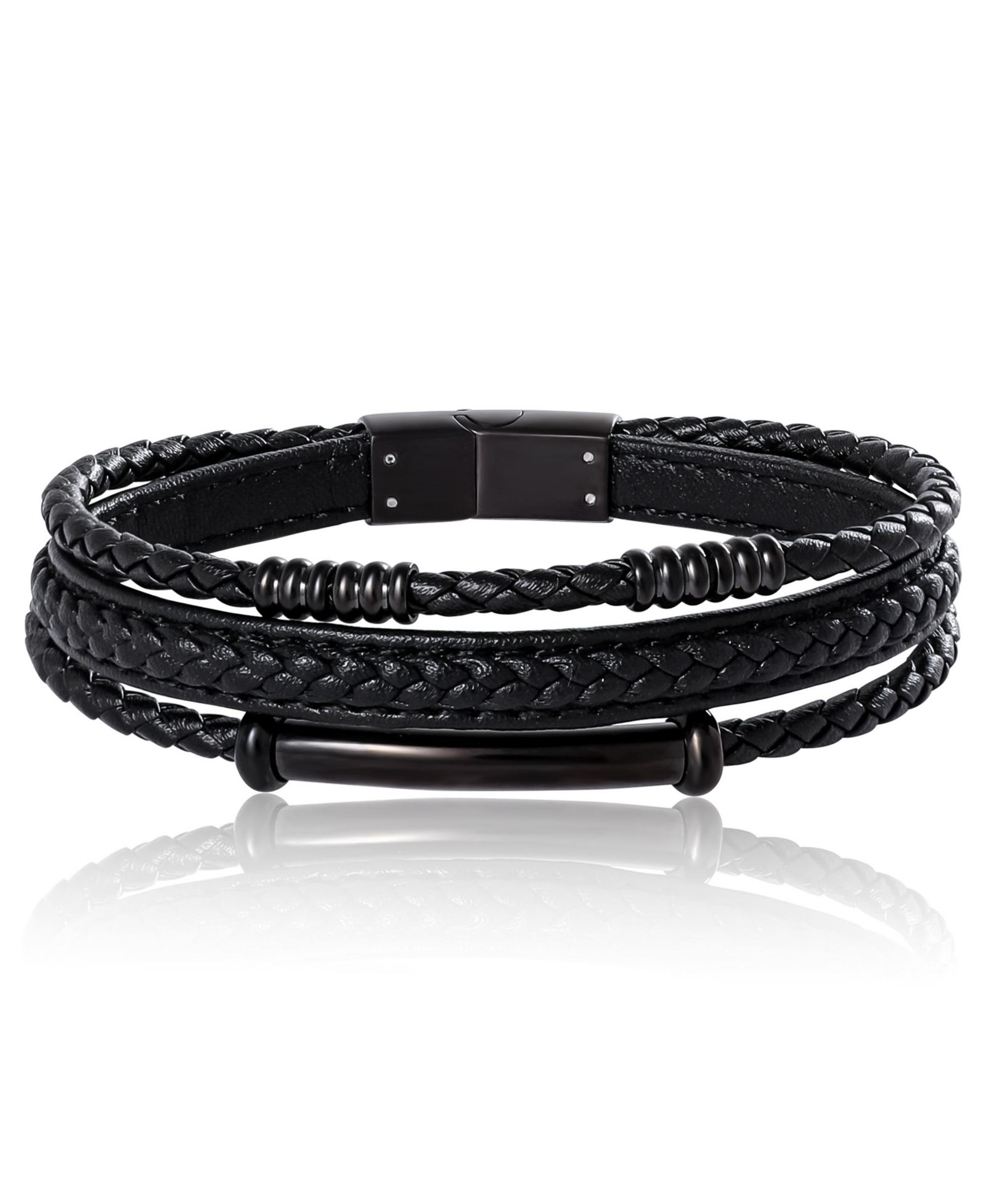 Stainless Steel Triple Row Black Cord Bracelet - 8.25"