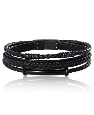 Stainless Steel Triple Row Black Cord Bracelet - 8.25"