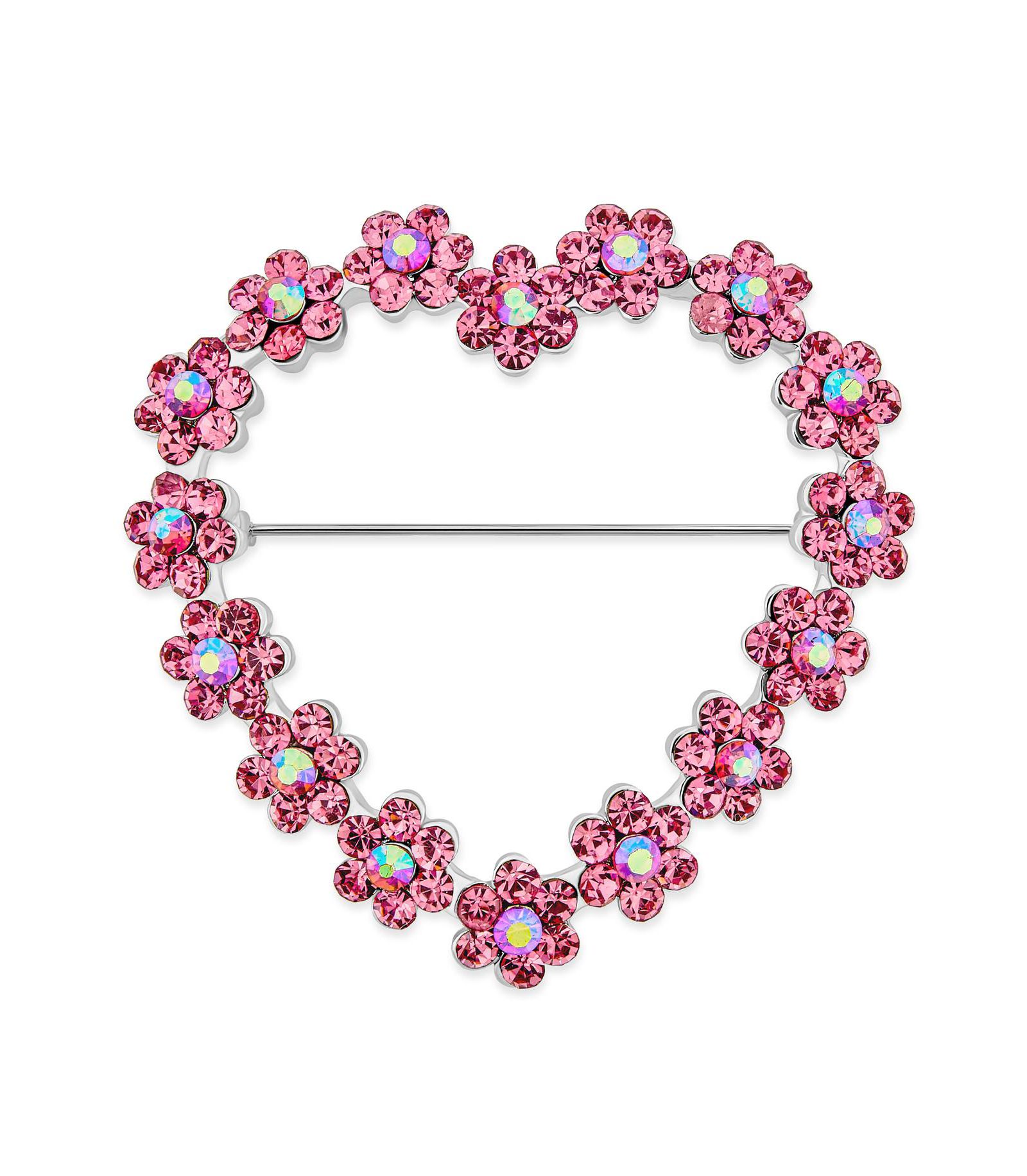 Bling Jewelry Romantic Crystal Heart Flower Brooch Pin Rhodium Plated Alloy
