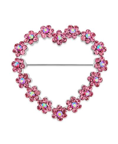Bling Jewelry Romantic Crystal Heart Flower Brooch Pin Rhodium Plated Alloy