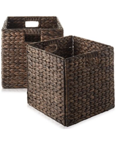 Casafield 13" x 13" Water Hyacinth Storage Baskets, Espresso - Set of 2 Collapsible Cube Organizers, Woven Bins for Bathroom, Bedroom, Laundry, Pantry, Shelves