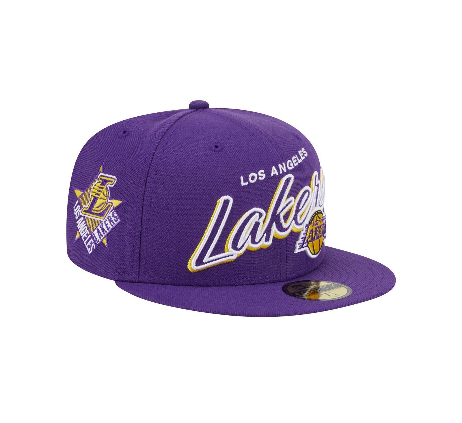 New Era Men's Purple Los Angeles Lakers Sport Night Script Sided 59FIFTY Fitted Hat
