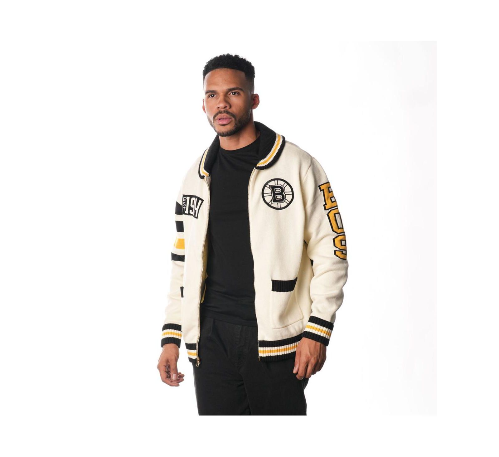 The Wild Collective Мужской и женский джемпер с молнией Jacquard, кремовый цвет, Boston Bruins
