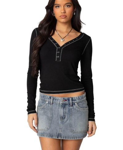 Edikted Women's Yael Contrast Stitch Henley Top