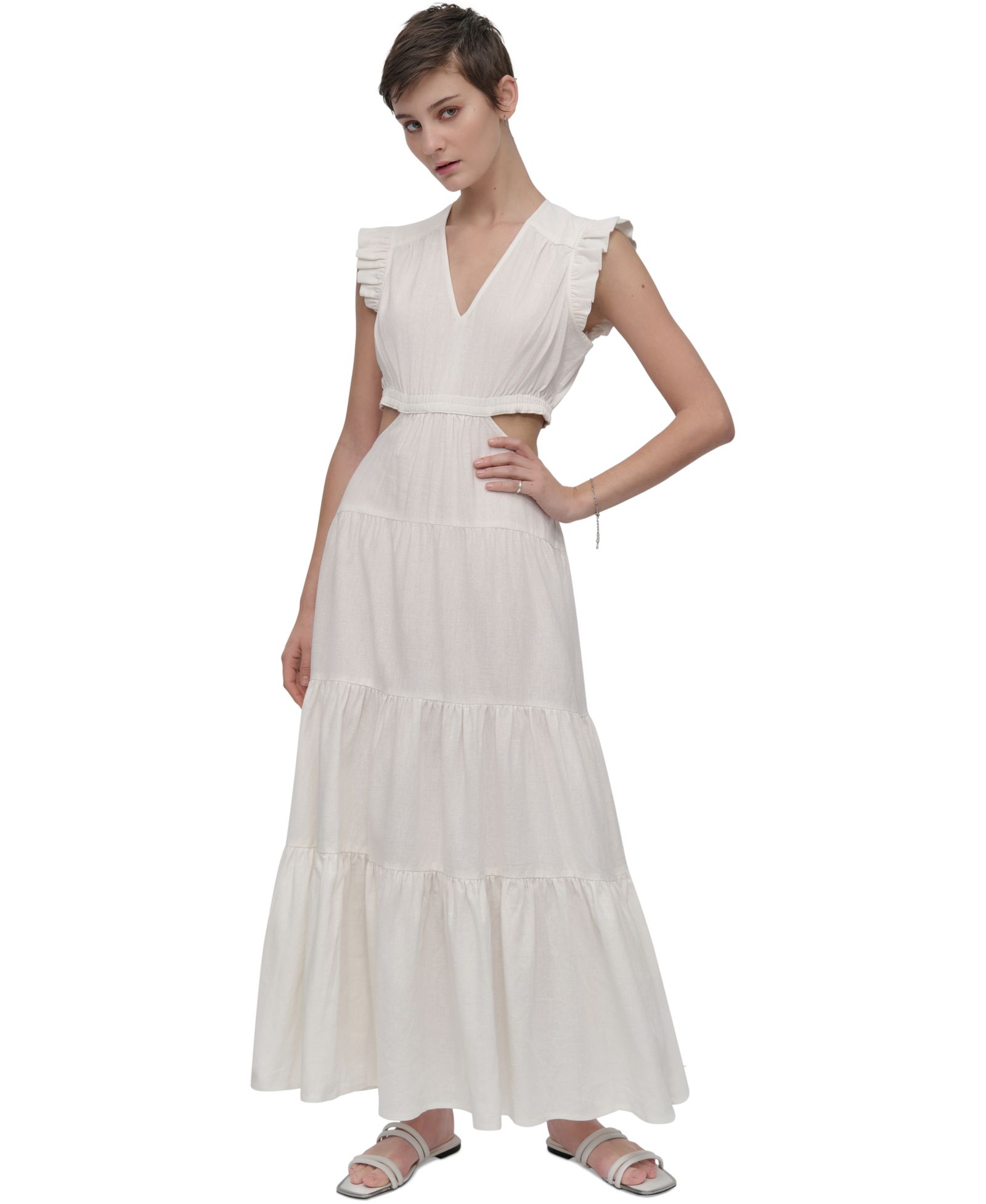 DKNY Jeans Women's Linen-Blend Tiered V-Neck Cutout Dress
