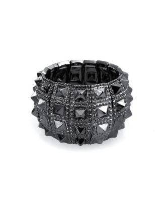 Bling Jewelry Goth Biker Punk Rocker Wide Pyramid-Spike Cuff Stretch Bracelet Black Tone